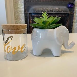 Cute decorative elephant pot with plant + decorative “love” jar with cork top